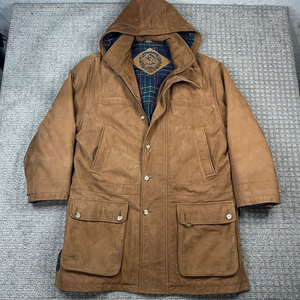 Vintage Willis & Geiger Mens Tan Leather Field Jacket Plaid Lined Quilted Size M